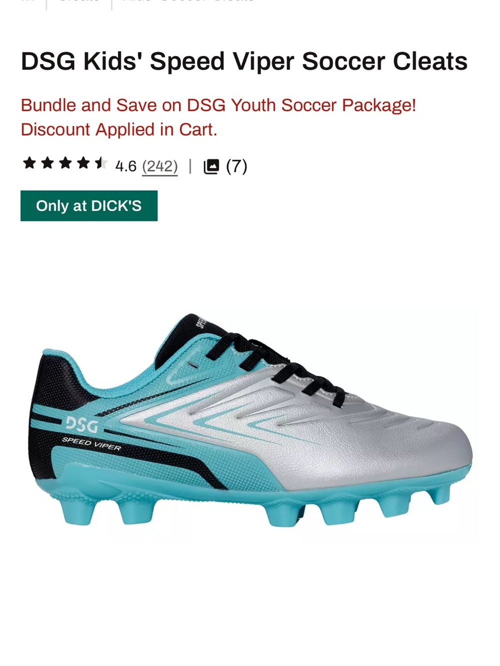 DSG Kids' Speed Viper Soccer Cleats in Silver & Aqua